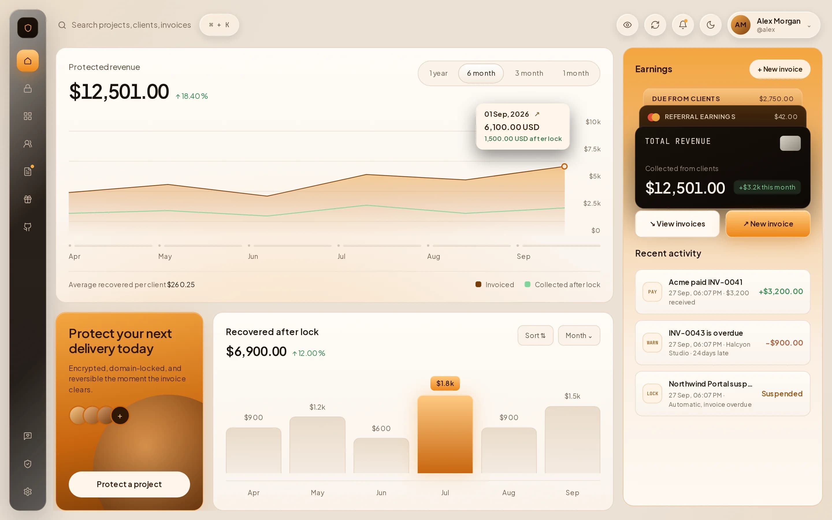 The DevAegis dashboard: protected revenue, recovered payments and recent activity